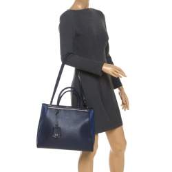 Pre Owned Fendi Blue Two Tone Leather Medium 2Jours Tote