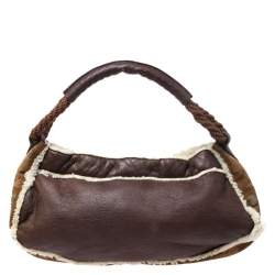 Pre Owned Fendi Brown Leather and Suede Shearling Hobo
