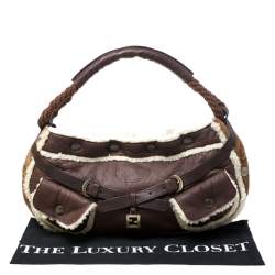 Pre Owned Fendi Brown Leather and Suede Shearling Hobo