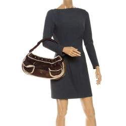 Pre Owned Fendi Brown Leather and Suede Shearling Hobo