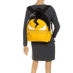 Pre Owned Fendi Yellow/Black Nylon/Leather and Fur Monster Backpack