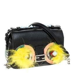 Pre Owned Fendi Multicolor Fox and Snakeskin Trimmed Leather Double Micro Baguette Bag