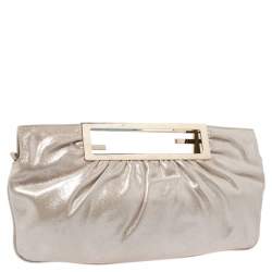 Pre Owned Fendi Metallic Beige Leather Cutout Handle Clutch