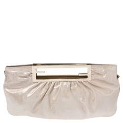 Pre Owned Fendi Metallic Beige Leather Cutout Handle Clutch