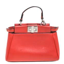Pre Owned Fendi Coral Orange Leather Micro Peekaboo Top Handle Bag