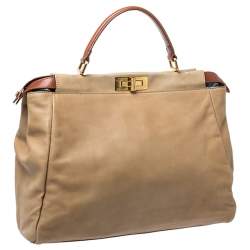 Pre Owned Fendi Beige Leather Large Peekaboo Top Handle Bag