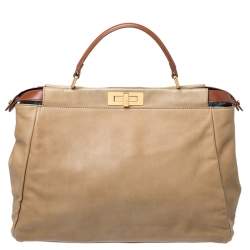 Pre Owned Fendi Beige Leather Large Peekaboo Top Handle Bag
