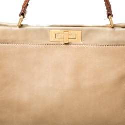 Pre Owned Fendi Beige Leather Large Peekaboo Top Handle Bag