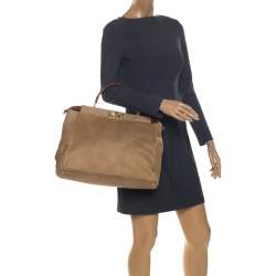Pre Owned Fendi Beige Leather Large Peekaboo Top Handle Bag