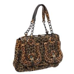 Pre Owned Fendi Brown/Black Leopard Print Fabric and Leather B Shoulder Bag