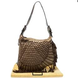 Pre Owned Fendi Brown Lizard,Suede and Leather Tassel Fringe Oyster Hobo 