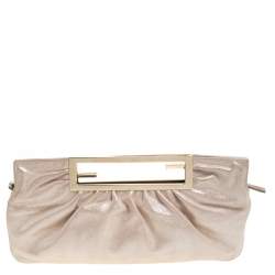 Pre Owned Fendi Metallic Beige Leather Cutout Handle Clutch