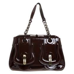 Pre Owned Fendi Dark Brown Patent Leather B Shoulder Bag