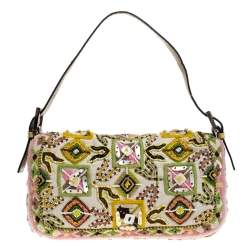Pre Owned Fendi Multicolor Canvas and Lizard Embroidered Bageutte