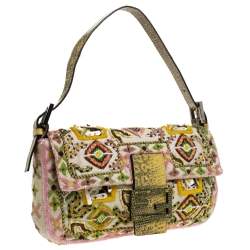Pre Owned Fendi Multicolor Canvas and Lizard Embroidered Bageutte