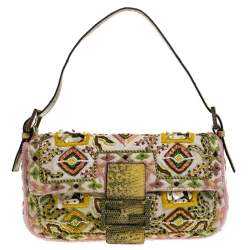 Pre Owned Fendi Multicolor Canvas and Lizard Embroidered Bageutte
