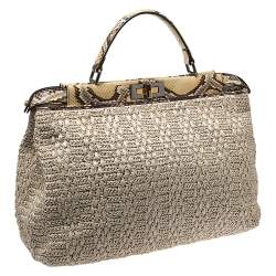 Pre Owned Fendi Beige Raffia and Python Large Peekaboo Top Handle Bag