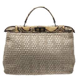 Pre Owned Fendi Beige Raffia and Python Large Peekaboo Top Handle Bag