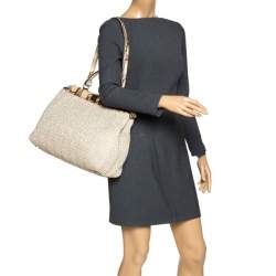 Pre Owned Fendi Beige Raffia and Python Large Peekaboo Top Handle Bag