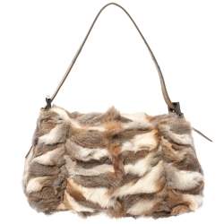 Fendi Beige Rabbit Fur and Lizard Baguette Bag