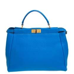 Pre Owned Fendi Blue Selleria Leather Large Peekaboo Top Handle Bag