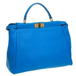 Pre Owned Fendi Blue Selleria Leather Large Peekaboo Top Handle Bag