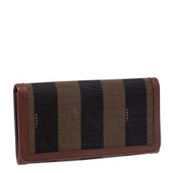 Pre Owned Fendi Brown Pequin Stripe Canvas and Leather Flap Continental Wallet