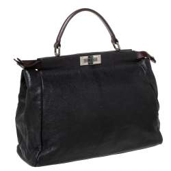 Pre Owned Fendi Black Leather with Suede/Beads and Python Lining Large Peekaboo Top Handle Bag
