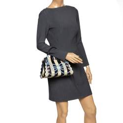 Pre Owned Fendi Black/Beige Leather Studded Ribbons Peekaboo Top Handle Bag