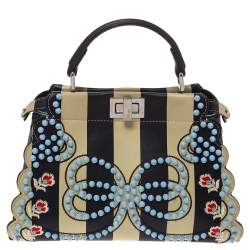 Pre Owned Fendi Black/Beige Leather Studded Ribbons Peekaboo Top Handle Bag