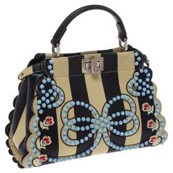 Pre Owned Fendi Black/Beige Leather Studded Ribbons Peekaboo Top Handle Bag