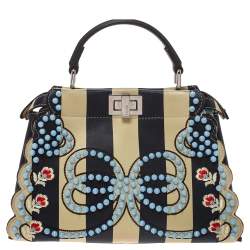 Pre Owned Fendi Black/Beige Leather Studded Ribbons Peekaboo Top Handle Bag