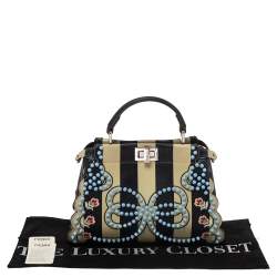 Pre Owned Fendi Black/Beige Leather Studded Ribbons Peekaboo Top Handle Bag