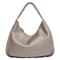 Pre Owned Fendi Metallic Grey Leather Selleria Hobo