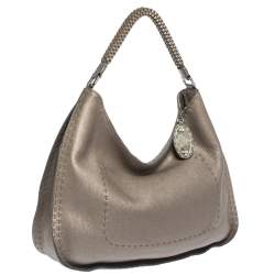 Pre Owned Fendi Metallic Grey Leather Selleria Hobo