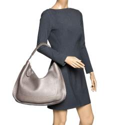Pre Owned Fendi Metallic Grey Leather Selleria Hobo