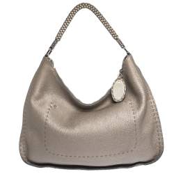 Pre Owned Fendi Metallic Grey Leather Selleria Hobo