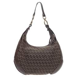 Pre Owned Fendi Brown/Beige Zucchino Canvas and Leather Front Pocket Hobo