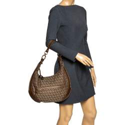 Pre Owned Fendi Brown/Beige Zucchino Canvas and Leather Front Pocket Hobo