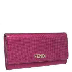Pre Owned Fendi Magenta Leather Logo Flap Continental Wallet