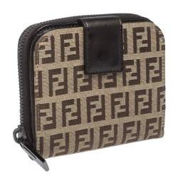 Pre Owned Fendi Beige/Brown Zucchino Canvas and Leather Compact Wallet