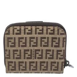 Pre Owned Fendi Beige/Brown Zucchino Canvas and Leather Compact Wallet