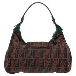 Pre Owned Fendi Brown/Green Zucca Floral Embroidered Canvas and Leather Buckle Flap Hobo