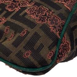 Pre Owned Fendi Brown/Green Zucca Floral Embroidered Canvas and Leather Buckle Flap Hobo