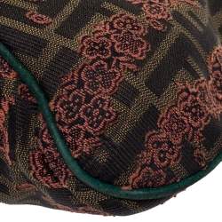 Pre Owned Fendi Brown/Green Zucca Floral Embroidered Canvas and Leather Buckle Flap Hobo