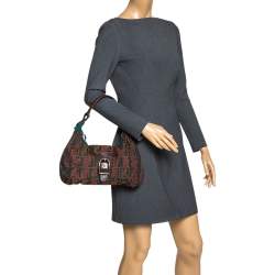 Pre Owned Fendi Brown/Green Zucca Floral Embroidered Canvas and Leather Buckle Flap Hobo