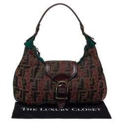 Pre Owned Fendi Brown/Green Zucca Floral Embroidered Canvas and Leather Buckle Flap Hobo