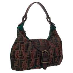 Pre Owned Fendi Brown/Green Zucca Floral Embroidered Canvas and Leather Buckle Flap Hobo