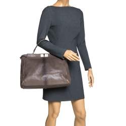 Pre Owned Fendi Grey Leather Large Peekaboo Top Handle Bag