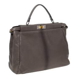 Pre Owned Fendi Grey Leather Large Peekaboo Top Handle Bag